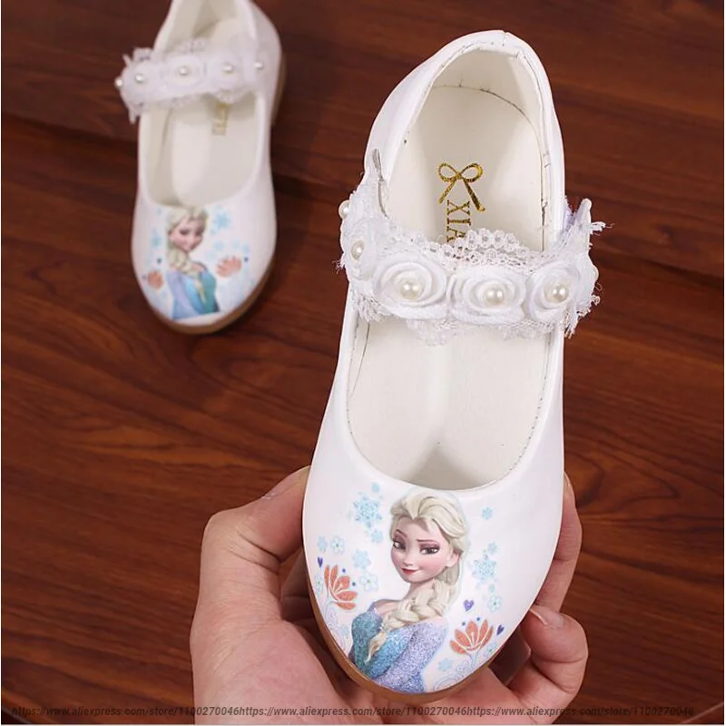 Disney New Kids Elsa Casual Shoes girls Frozen Princess Pink Soft Shoes Children's Cartoon pearl Leather Shoes Size 26-35