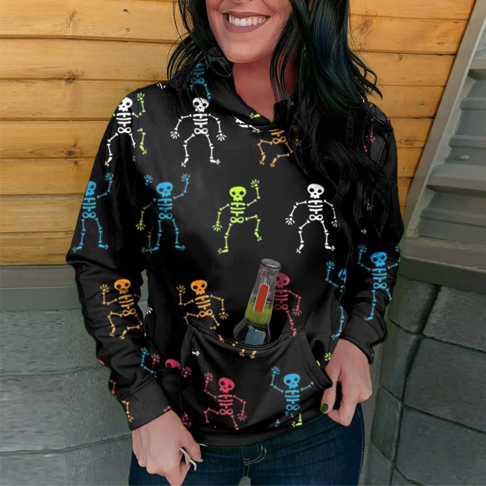 

Женские худи с принтом на Хэллоуин, пуловер с длинным рукавом, топы, Свободный свитшот с карманами, Женский светильник Свитшот