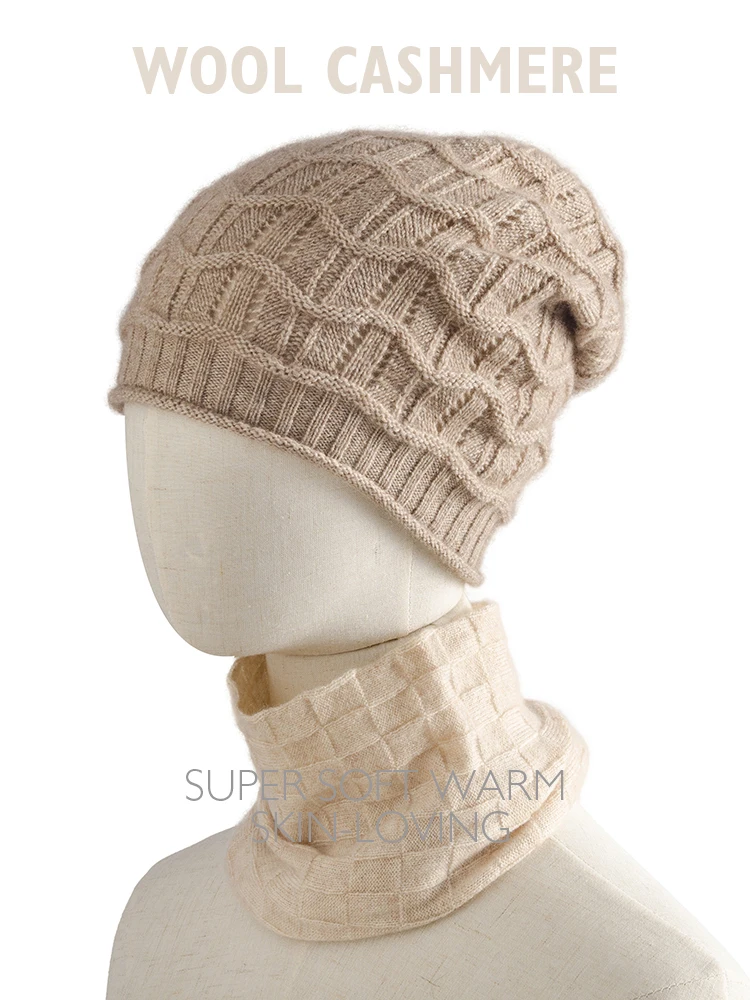 

Women Cashmere 35% Knit Beanie Caps Openwork Wavy Line Solid Warm Hat Blends Wool Winter Autumn Warm Skullies Real Guaranteed