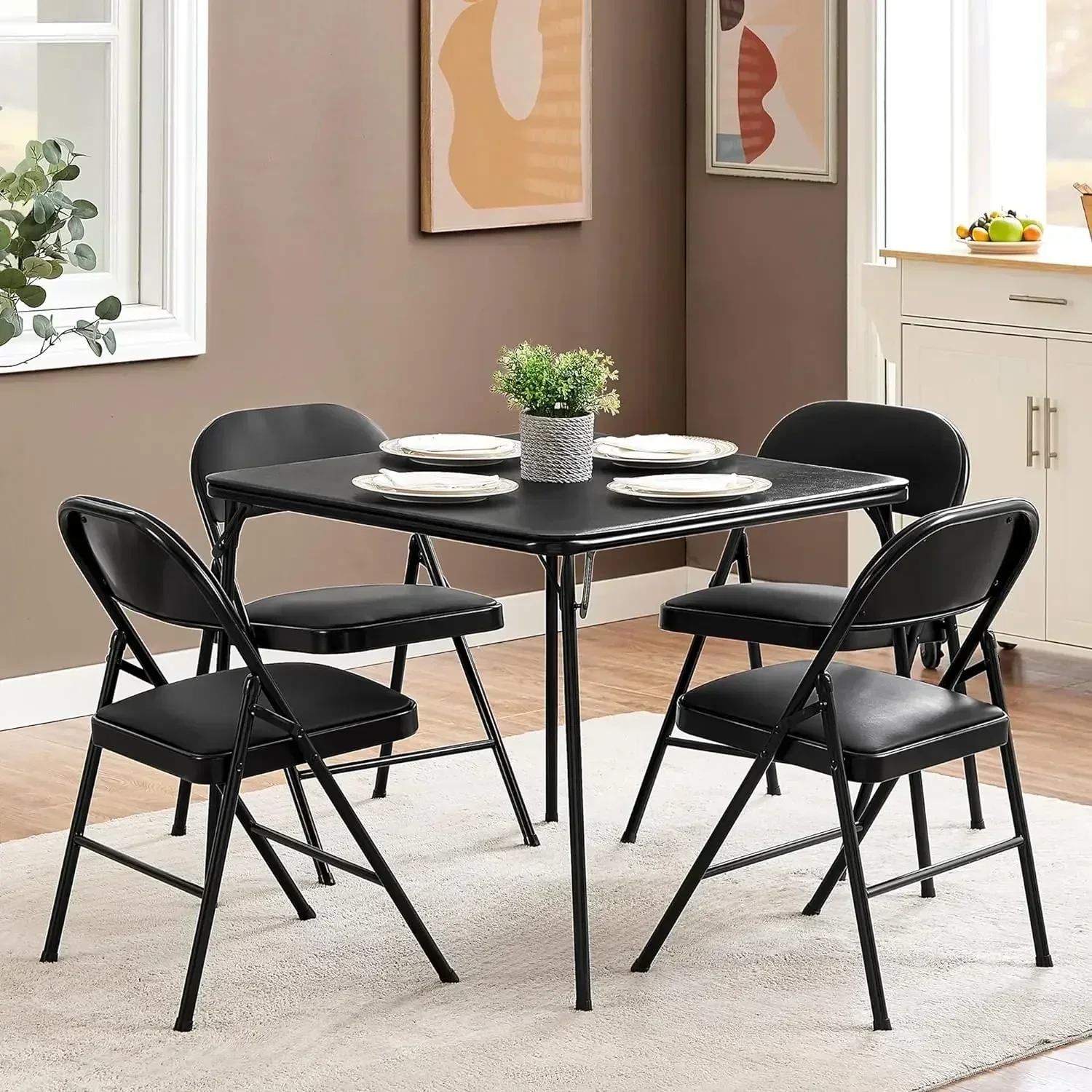 

VECELO Portable Folding Card Table Square and Chair Sets with Collapsible Legs & Vinyl Upholstery (5 PCS), Metal, Black