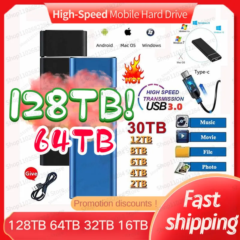 

Portable Hard Disk 128TB SSD 2/64TB External Hard Drive Mobile Solid State Hard Drive 16tb Ssd USB3.1 Type-C for Laptop Notebook