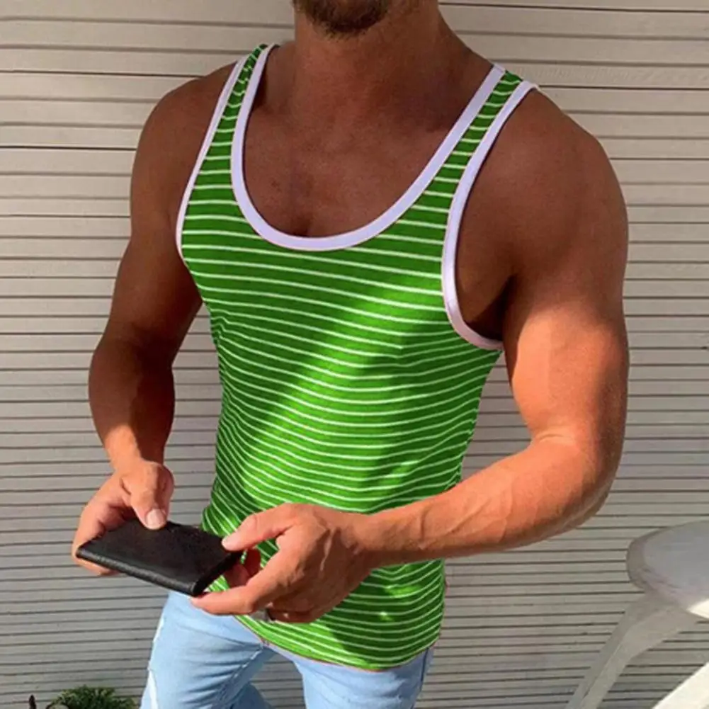 

Men Tank Tops O-neck Simple Breathable Striped Print Fitness Vest Sleeveless Pullover Tunic Top Streetwear Pullover топик майка