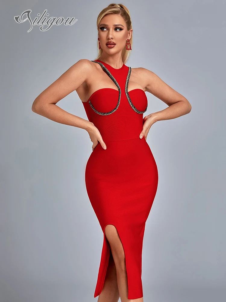 

Ailigou High Quality New Red Chain Rayon Bandage Dress Sleeveless Sexy Backless Celebrity Skinny Cocktail Party Dress 2022 New