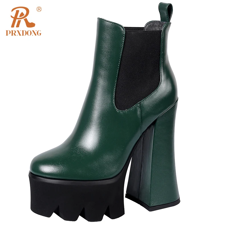 

PRXDONG New Brand Genuine Leaher Chunky High Heels Platform Shoes Woman Ankle Boots Autumn Winter Warm Shoes Dress Party 34-39