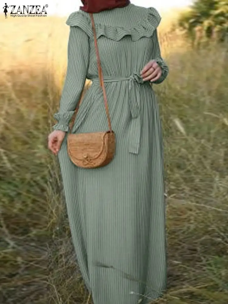 

ZANZEA Holiday Hijab Dress Dubai Turkey Abaya Muslim Striped Printed Sundress Women Casual Long Sleeve Ruffle Drawstring Caftan