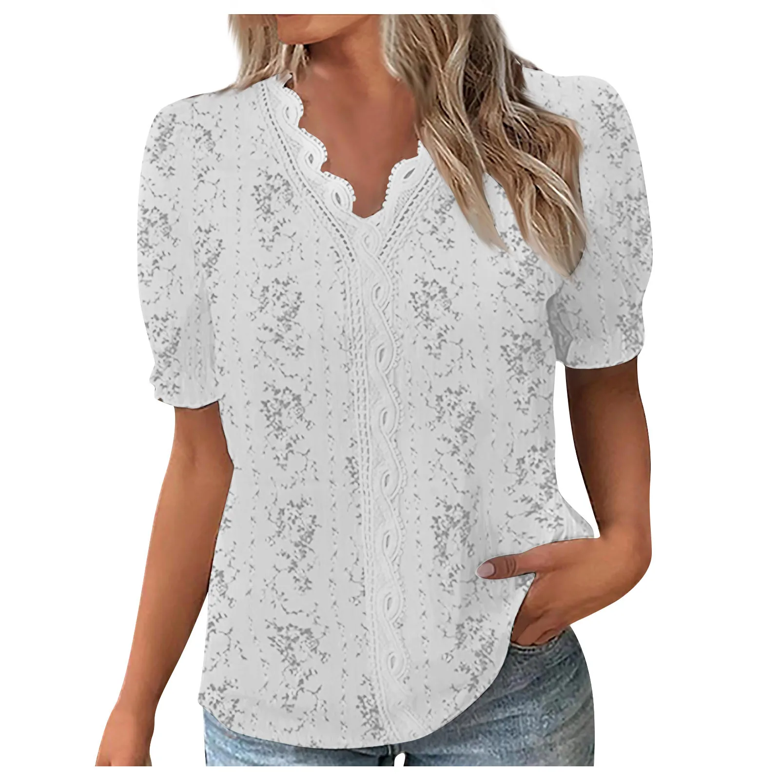 

Women'S V Neck Lace Trim Floral Print Cropped Ruffle Blouson Short Sleeve Lightweight Casual Street Style Solid Color T-Shirt