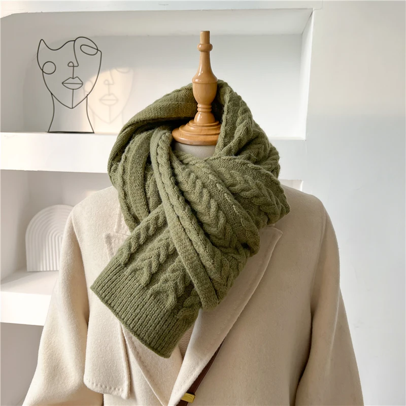 

2023 Thick Woolen Yarn Women Scarf Skinny Solid Braid Long Knitted Warm Winter Anual Shawls and Wraps Bufanda Scarves Foulard