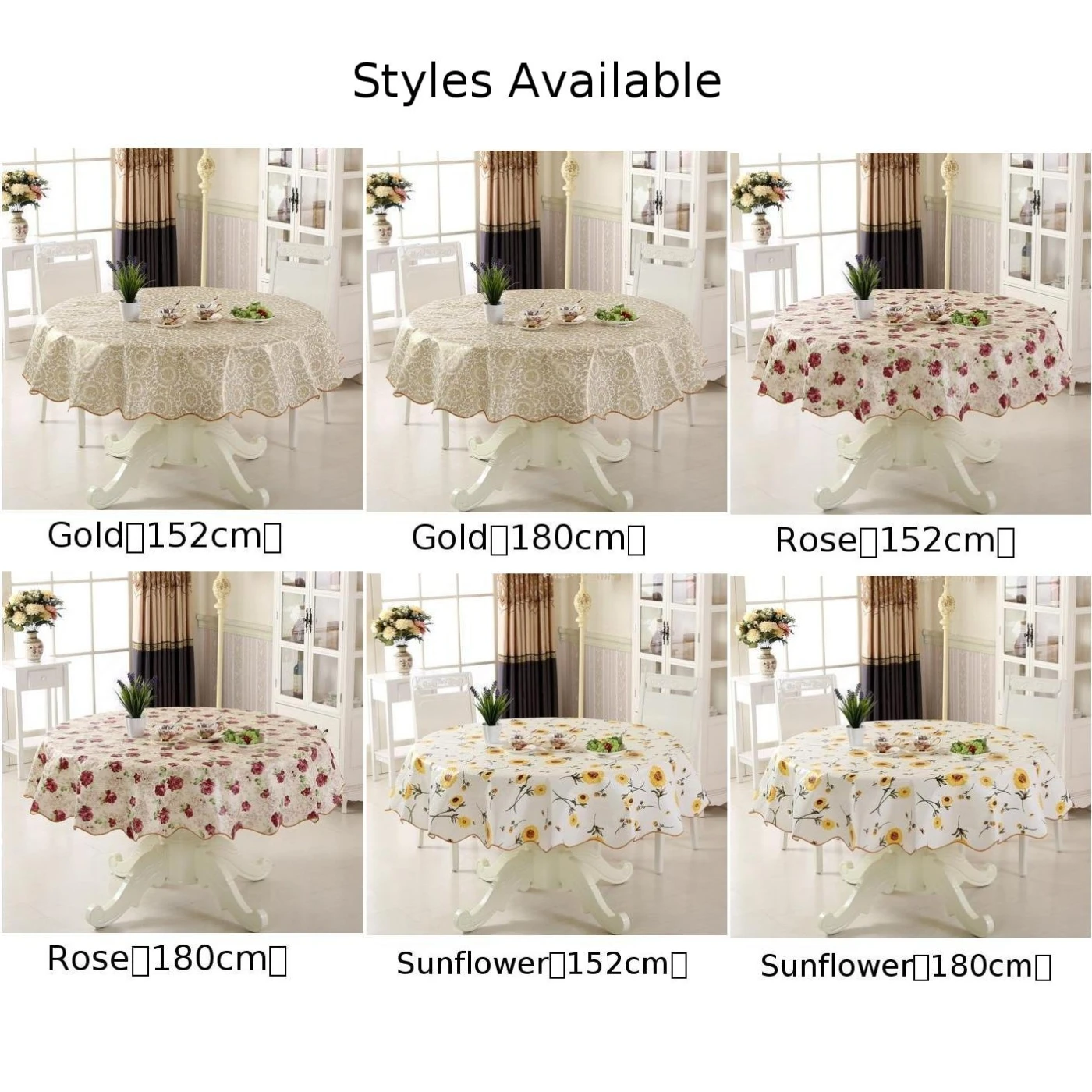 

PVC Round Table Cloth Oilproof Flower Tablecloth For 6 Seaters 4 Seaters Round Table Cover Picnic Cloth 152*152cm/180*180cm