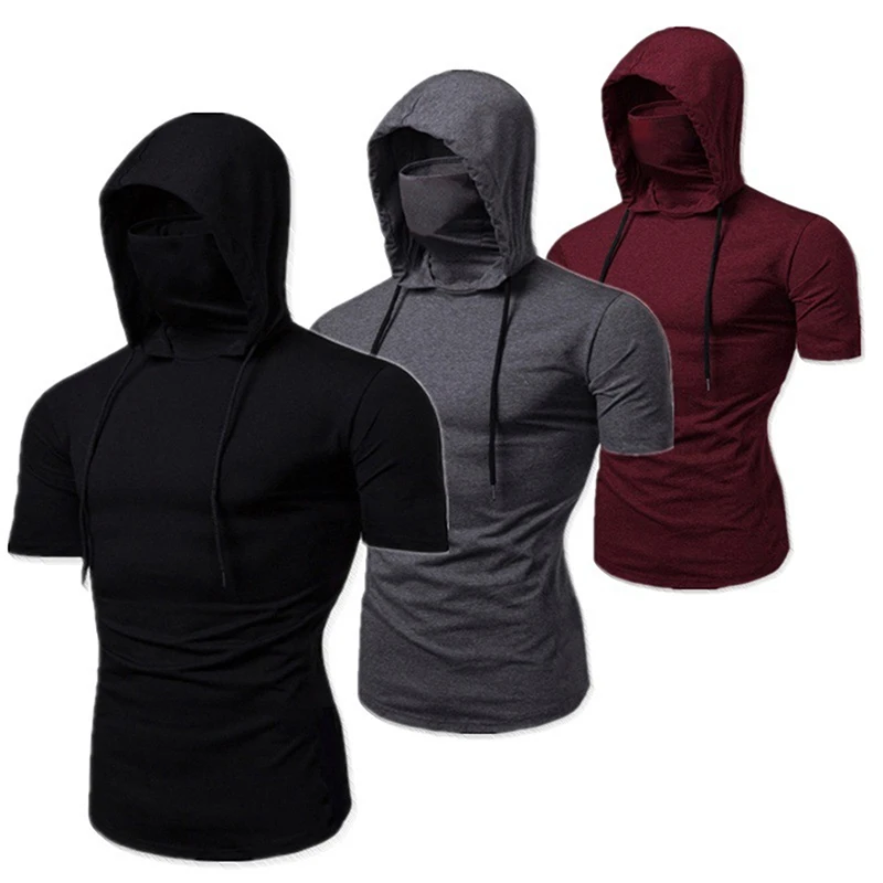 

Fashion Short-Sleeved Mask Hooded T Shirt Men Casual Elastic Solid Fitness Tshirt Hip Hop Slim Fit Male T-shirt Streetwear