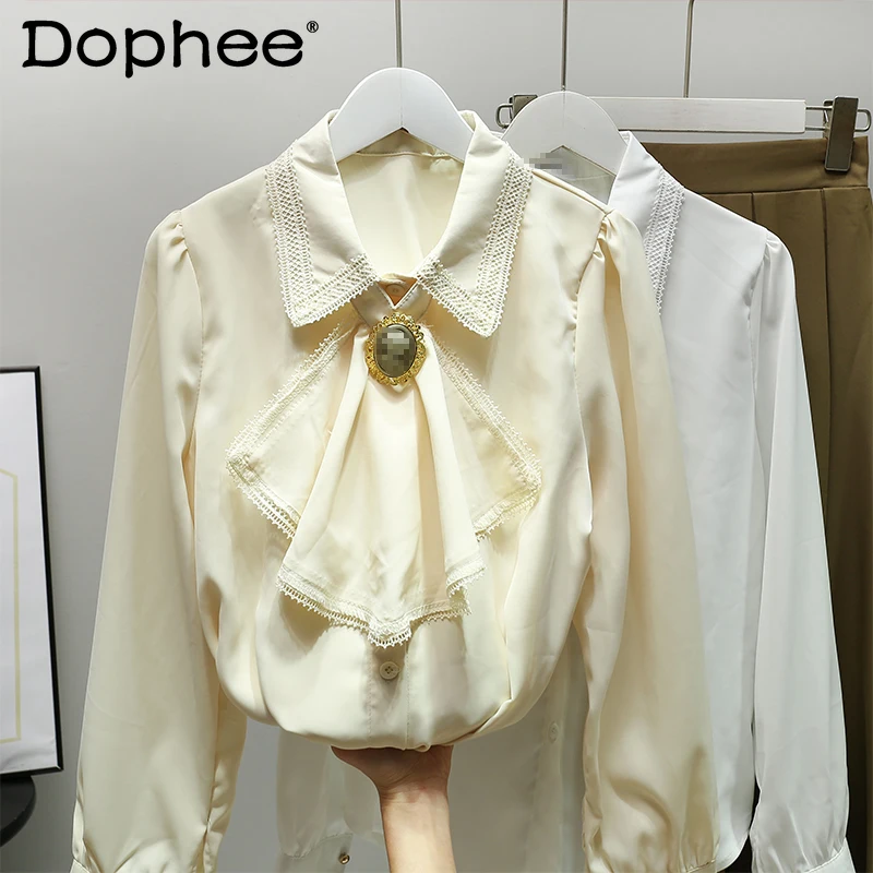 

Женская Офисная рубашка с длинным рукавом, свободная однобортная блузка с длинным рукавом и декоративным бантом, в стиле ретро, с золотым зн...