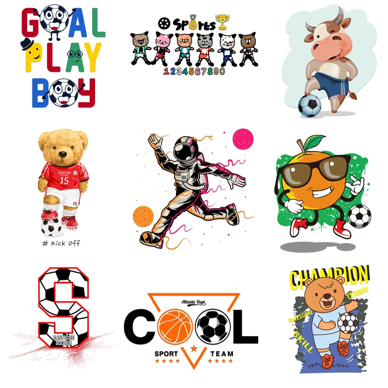 

Iron on Soccer Patches for Clothing Cartoon Bear Cow Thermal Stickers Football Star Patch DIY Heat Transfer Appliques Hippie