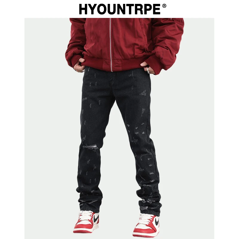 Harajuku Scratched Ripped Holes Denim Jeans Mens Zipper Jeans Hip Hop Fashion Streetwear New Casual Straight Joggers Jean Pants