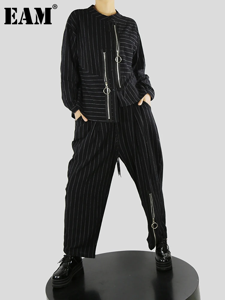 

[EAM] Half-body Skirt Striped Big Size Two Pieces Suit New Stand Collar Long Sleeve Women Fashion Spring Autumn 2022 1DE6648