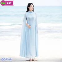 summer chiffon long cheongsam new vintage chinese style retro hanfu white light blue shawl sleeve hanfu dress modern
