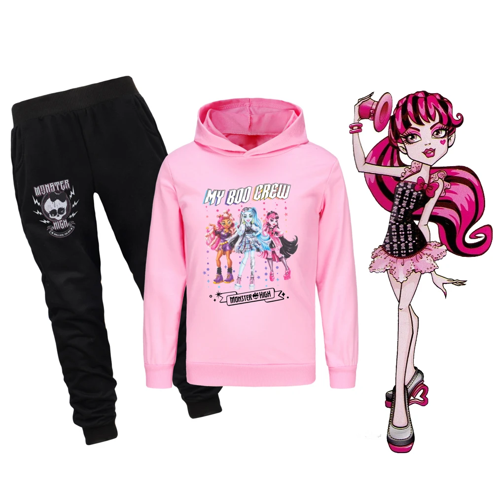 Monster High Costumes Kawaii Dolls Draculaura Frankie Printed Boy Hoodies Pants 2pcs Autumn Sweatshirt Long Sleeve Girls Clothes