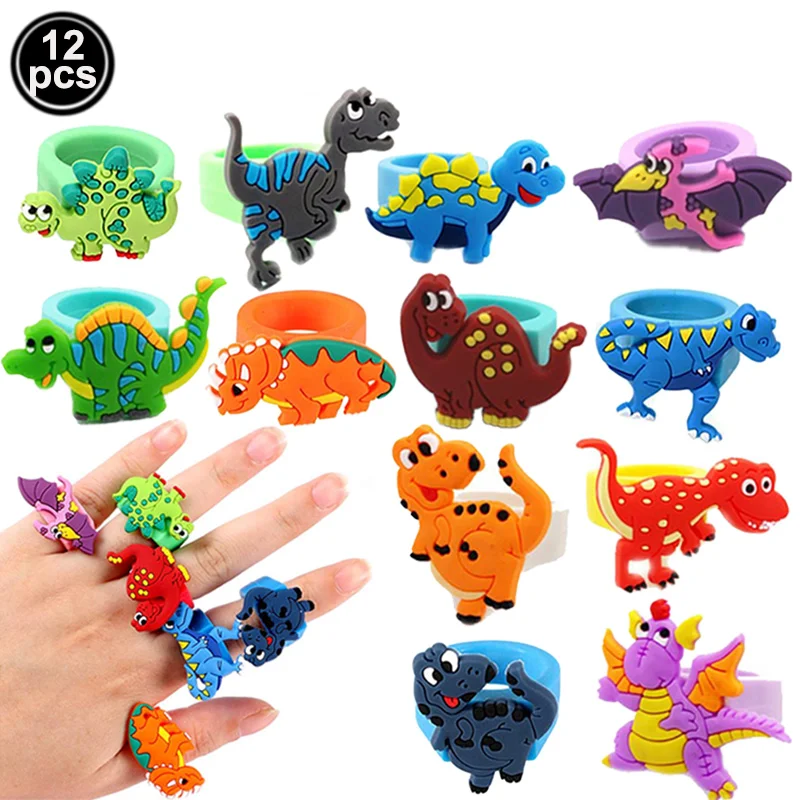 

12pcs/lot kids Cartoon Dinosaur Rings Dino PVC Finger Ring Festival Gift kids birthday Dinosaur party supplies Children Boys toy