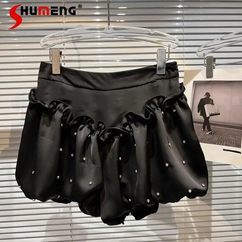 

2022 Summer New Rhinestone Beaded Wooden Ear Black Casual Shorts Women's Sexy Silk Bud Bubble Shorts Skirt Female Short Pants
