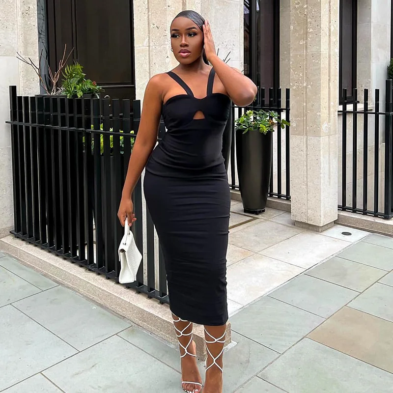 

2022 summer solid color chest wrapped hollow out pleated backless high waist suspender dress