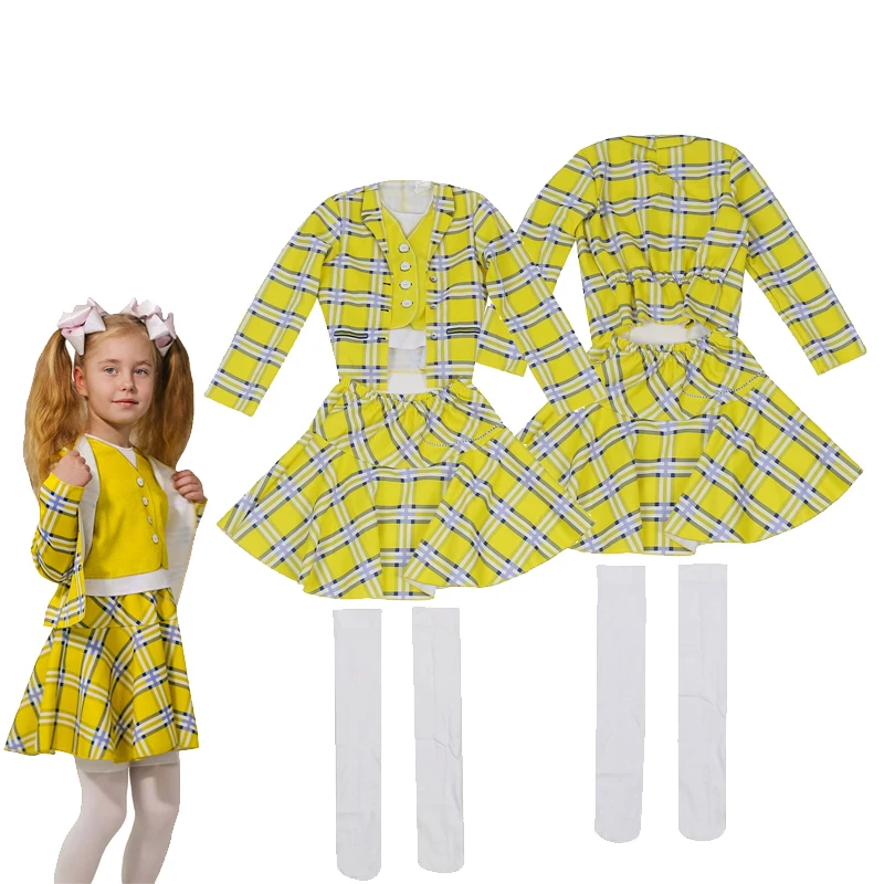 Clueless Cher Uniform Cosplay Girl Costume Children Yelow School Outfit Clothes Kids Halloween Carnival Party Disguise Suit