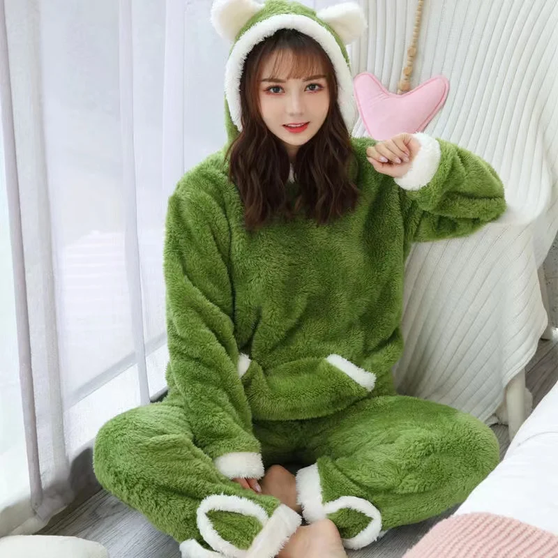 Pajamas Set Winter Sleepwear Thick Warm Flannel 2 Pieces/Sets Hooded Sweet Cute Long Sleeve Female Homewear Pyjamas Suits