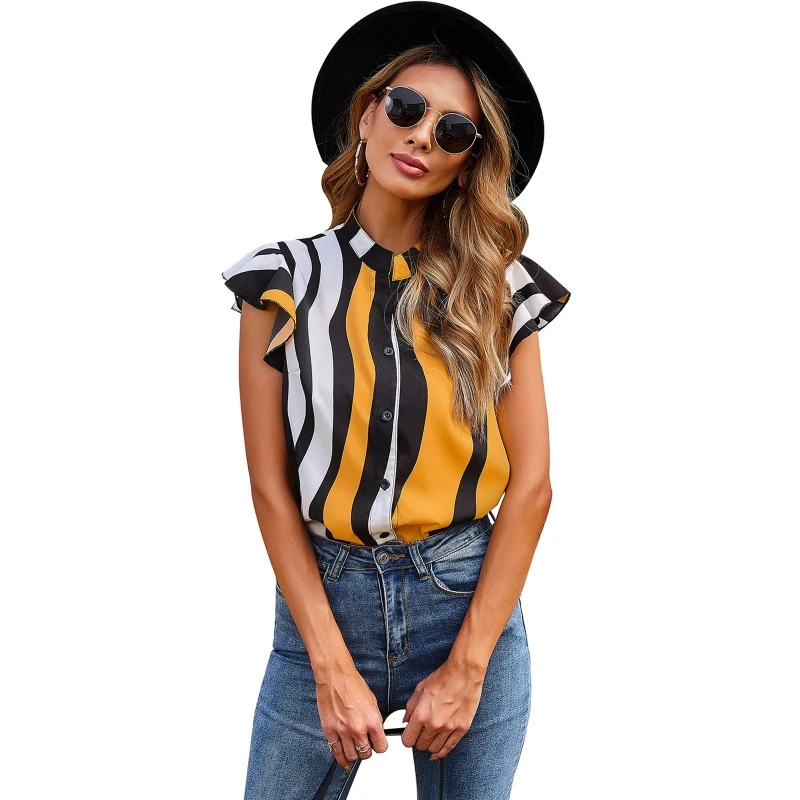 

Women Ruffle Sleeveless V-Neck Button Down Tank Top Irregular Multicolor Striped Print Casual Loose Blouse Vest Shirts T8NB