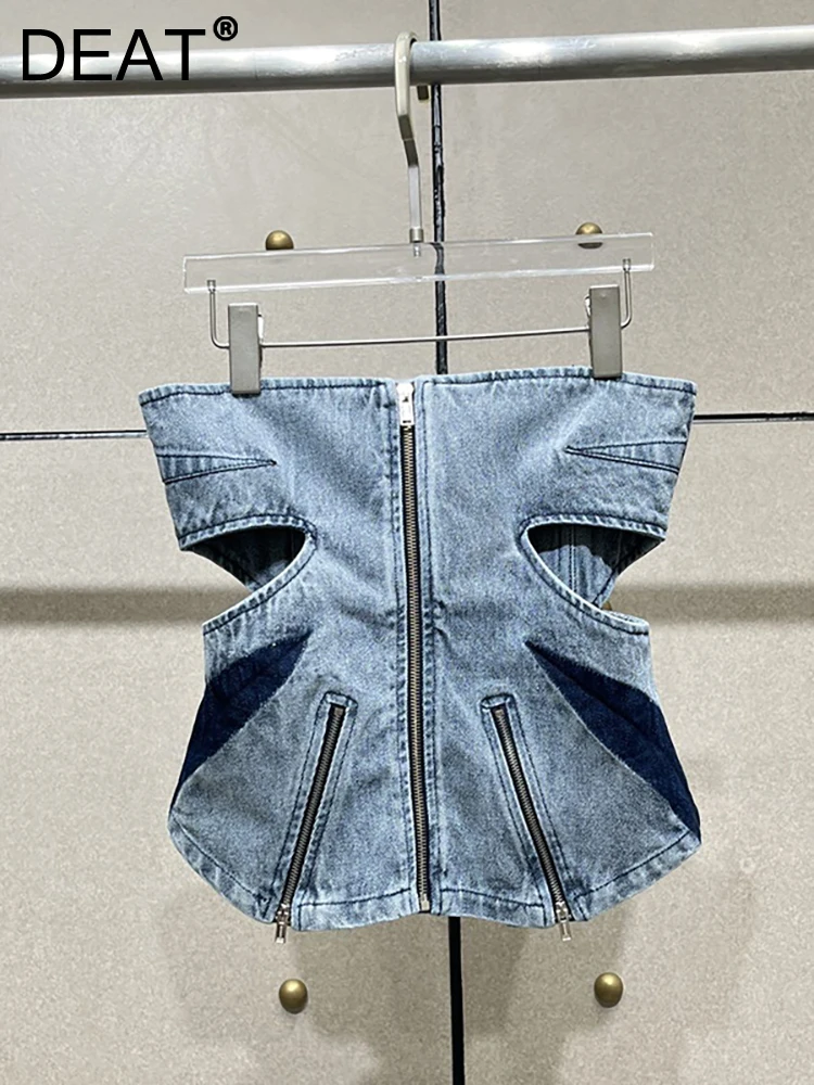 

DEAT Women Denim Short Tank Tops Strapless Slim Contrast Color Hollow Out Spliced Zippers Camis 2023 Summer New Fashion 29L1779