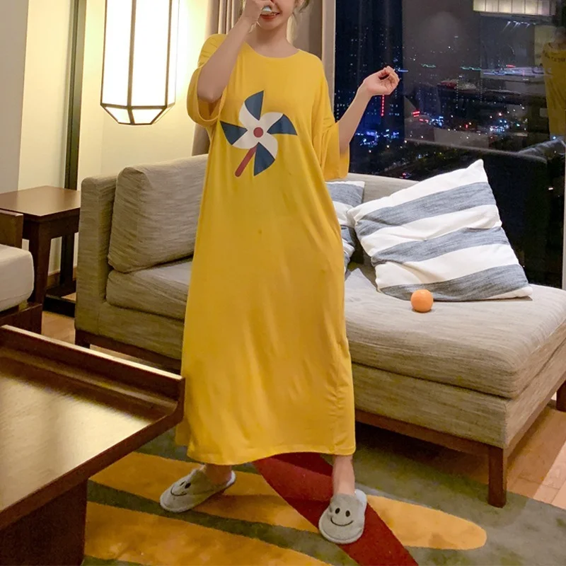 Loose Pajamas for Women Nightdress Night Gown Round Neck Cute Cartoon Mid-length Over-the-knee Longewear Vestidos Mujer Dress