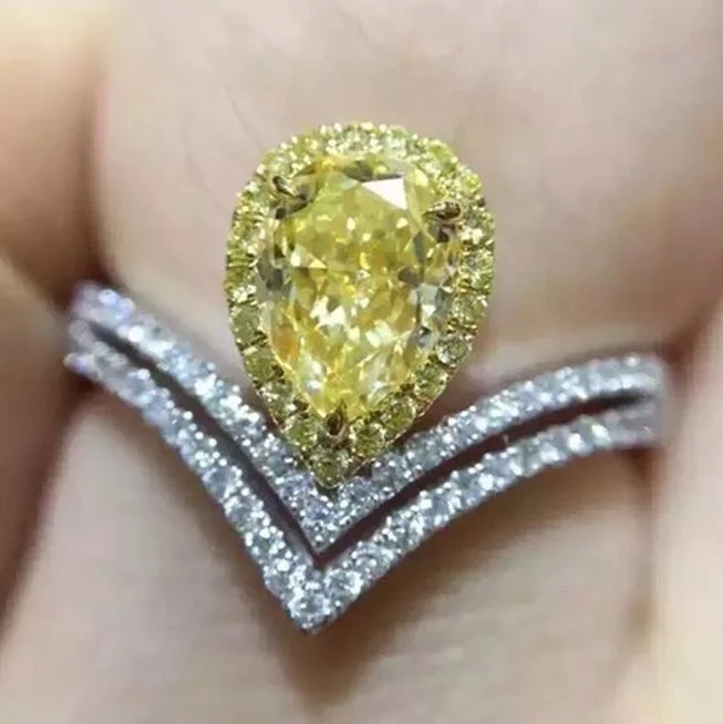 

ANGLANG Luxury Women Water Drop Engagement Rings AAA Yellow Cubic Zirconia Proposal Rings for Girlfriend Fine Anniversary Gift
