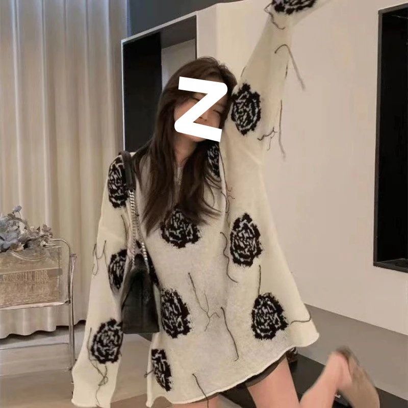 2024 новый винтажный корейский свитер с вышивкой розы для женщин осенний вязаный