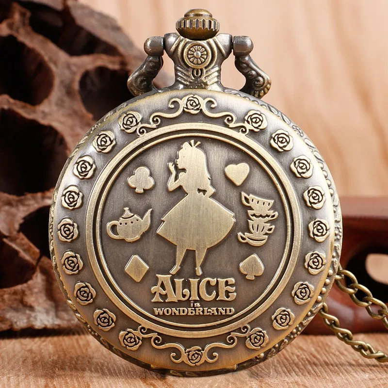 Retro Vintage Bronze Cartoon Girls Design Pocket Watch Fashion Relogios with Necklace Chain Pendant Gift for Female Kids Clock