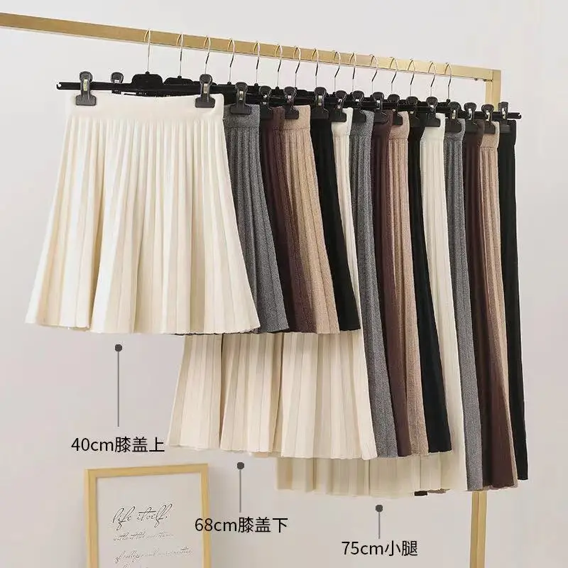 

Striped Knitted Skirts Women Elastic Waist Pleated Skirt Slim Elegant A-Line Casual Loose Vintage Harajuku Office Lady Autumn