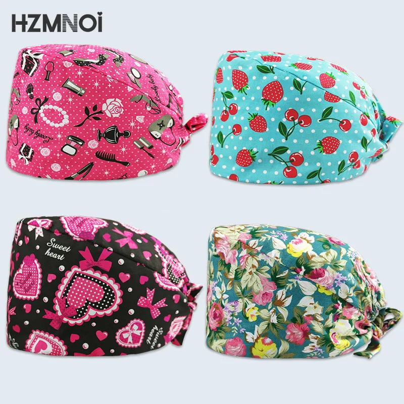 

Модная хлопковая Милая шапка с мультяшным принтом для медсестры Регулируемая шапка для салона красоты, лаборатории кормления, зоомагазина