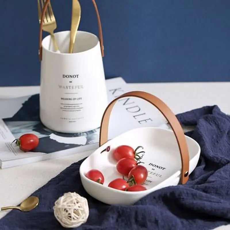 

Керамическая посуда в скандинавском стиле, ведро для хранения фруктового салата с кожаной ручкой, декоративный лоток, бытовой кухонный кон...