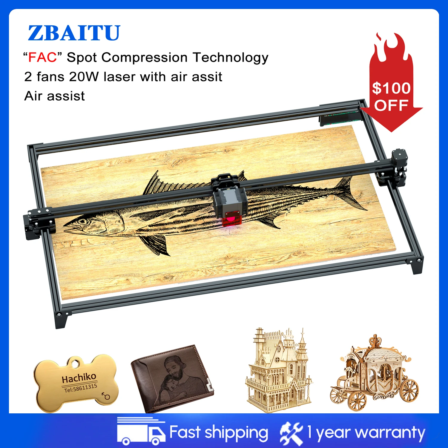 ZBAITU 20W Laser Engraver Extend 4 Diodes CNC Cutter M81 80x80CM 3D Metal Wood Router Engraving Machine With Air Assist Nozzle