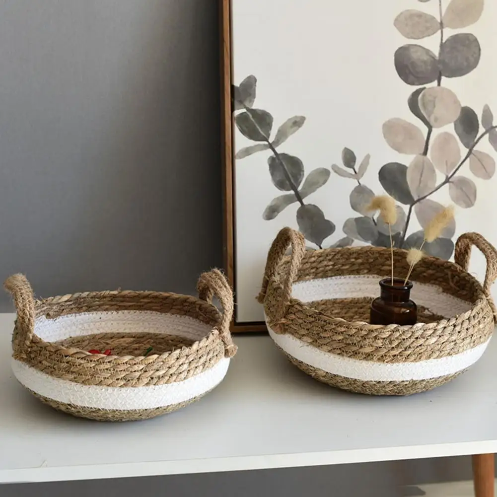 

Storage Basket Wear-resistant with Handle Round Straw Storage Basket for Book Home Storage Organization