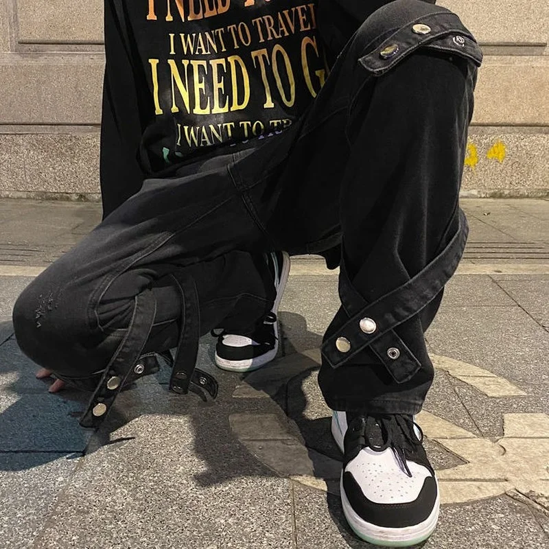 Men's Streetwear Fashion Gothic Trousers Male Goth Denim Pants Patchwork Low Rise Waist Jean Hip Hop Ribbons Jeans Alt Clothes