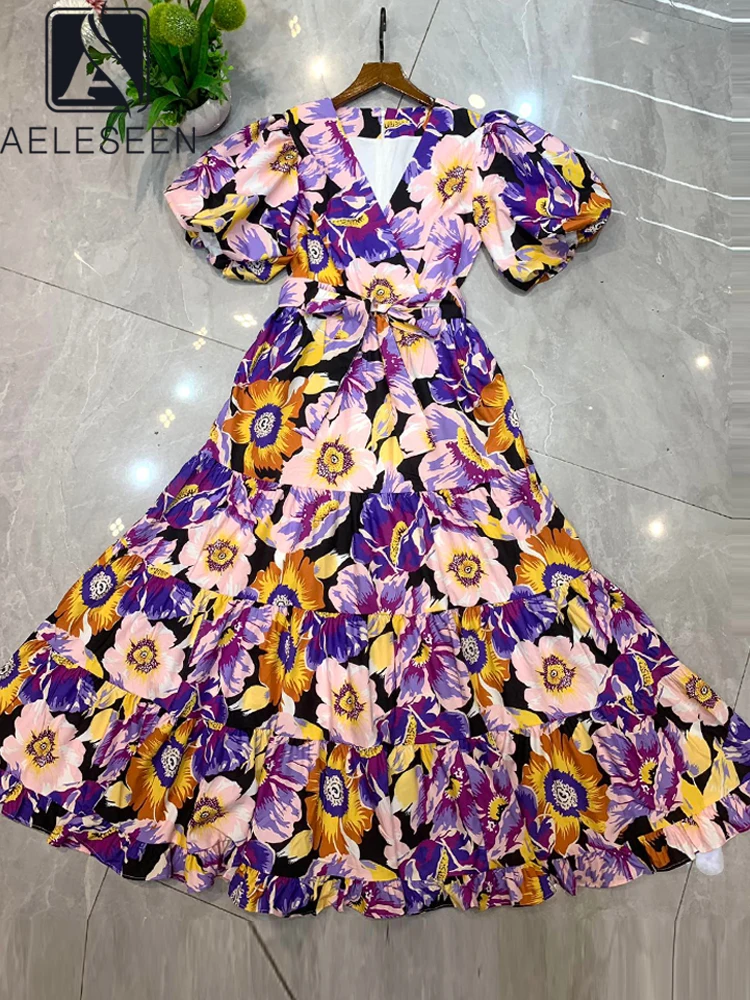 

Женское подиумное платье AELESEEN, модное летнее платье 2022, высокое качество, рукав-фонарик, v-образный вырез, цветочный принт, цветной пояс, элег...