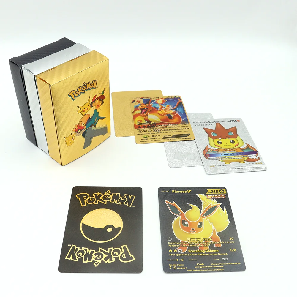 

Anime New Pokemon Shiny Silver Gold Foil Metal Card English Spanish Vmax GX Energy Rare Battle Playing Collection EX Gifts