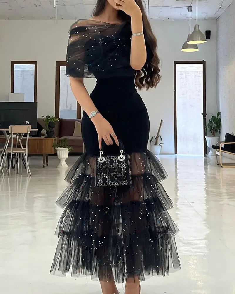 

Sexy Summer 2022 Women Glitter Layered Sheer Mesh Skinny Glamorous Party Evening Dress Wedding Guests Prom Celebrity Dress