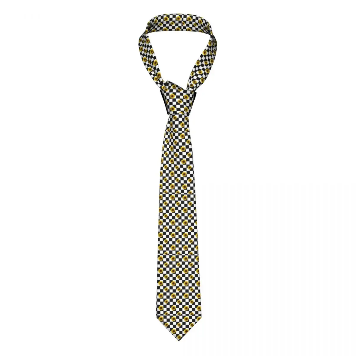 

Sunflower Print Tie Black and White Checkered Wedding Polyester Silk Neck Ties For Man Accessories Blouse Pattern Cravat