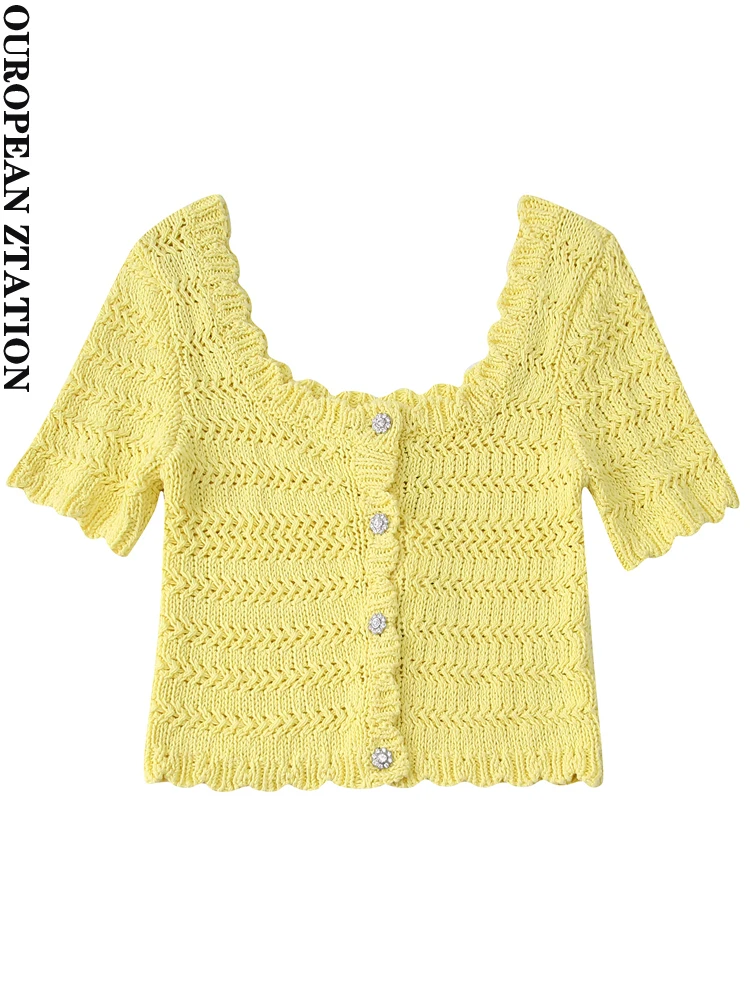 

PAILETE Women 2022 fashion with rhinestone buttons crop knit sweater vintage o neck short sleeve female pullovers chic tops