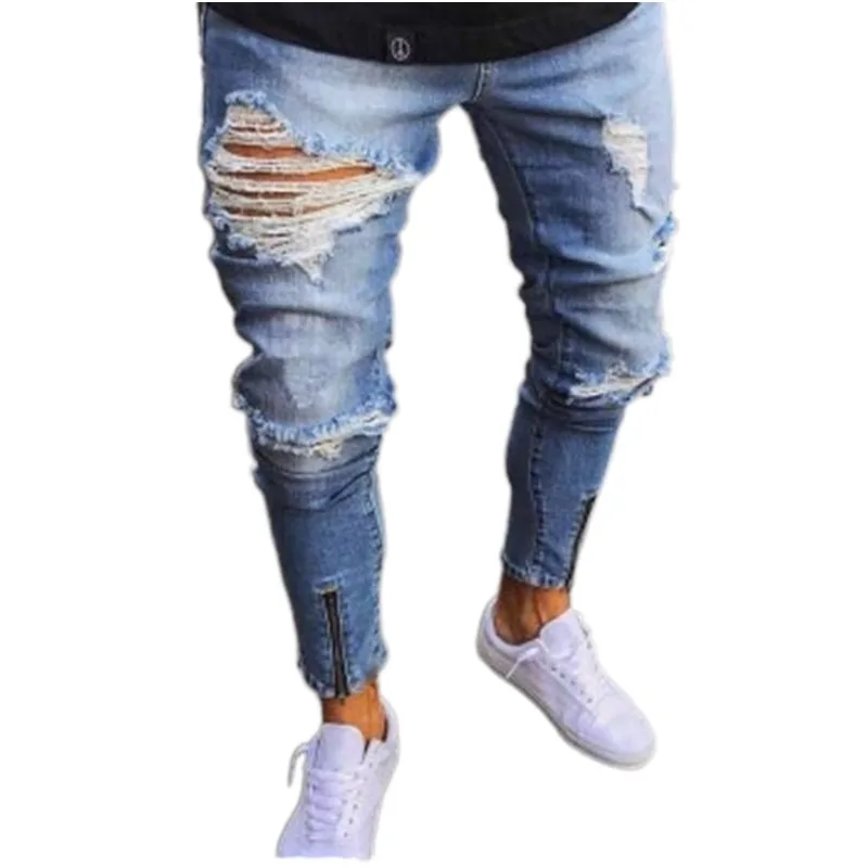 

Джинсы-Карандаш мужские с завышенной талией, рваные узкие брюки из денима, Повседневная Уличная одежда на молнии, облегающие штаны