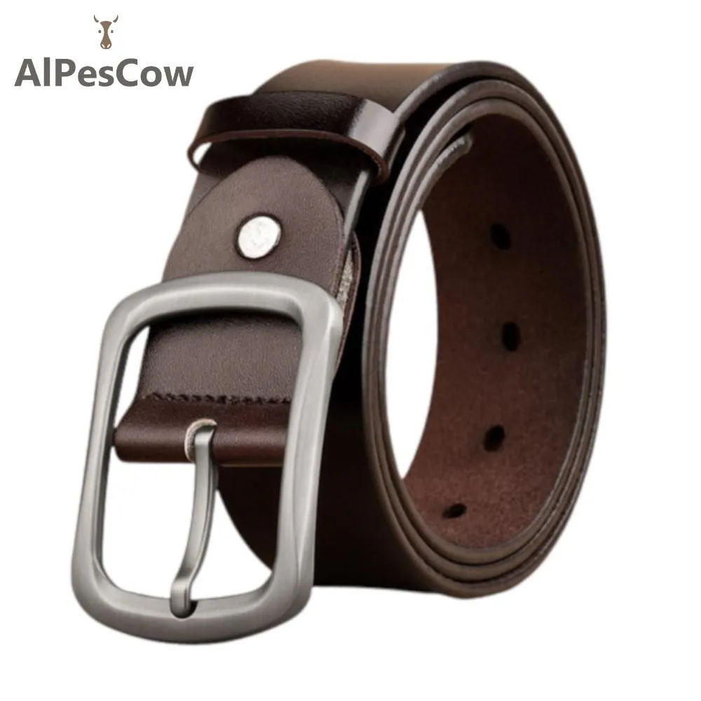 

AlPesCow Genuine Cow Leather Men Pin Buckle Belt Simple Design Fashion Business Men 's Belts Plus Size 120 130 140cm