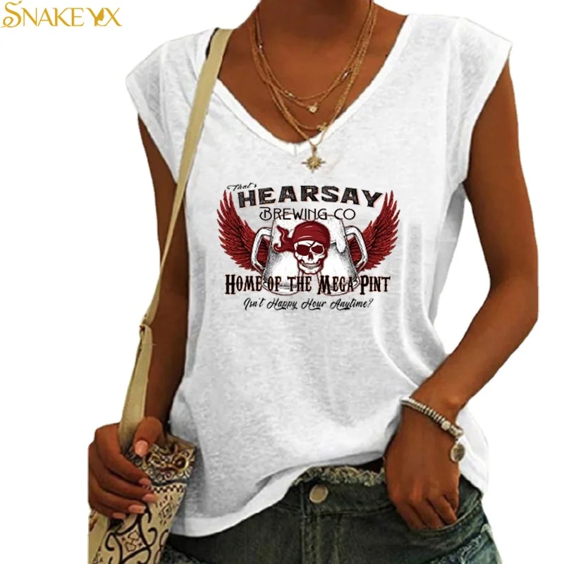 

SNAKE YX 2022 Summer Bone Head English Print V-Neck Cap Sleeve Loose Vest Women's