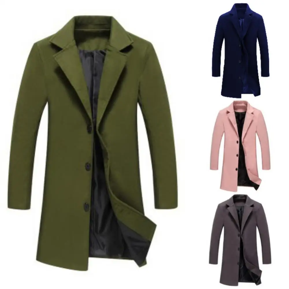 

Long Fashion Woolen Coat Jacket Men Solid Color Winter Single Breasted Overcoat
