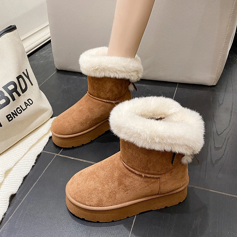 

Women's Luxury Slip-on Fur Boots 2023 Winter New Designer Brand Warm Snow Boots Round Toe Platform Shoes Woolen Boot Flock Flats