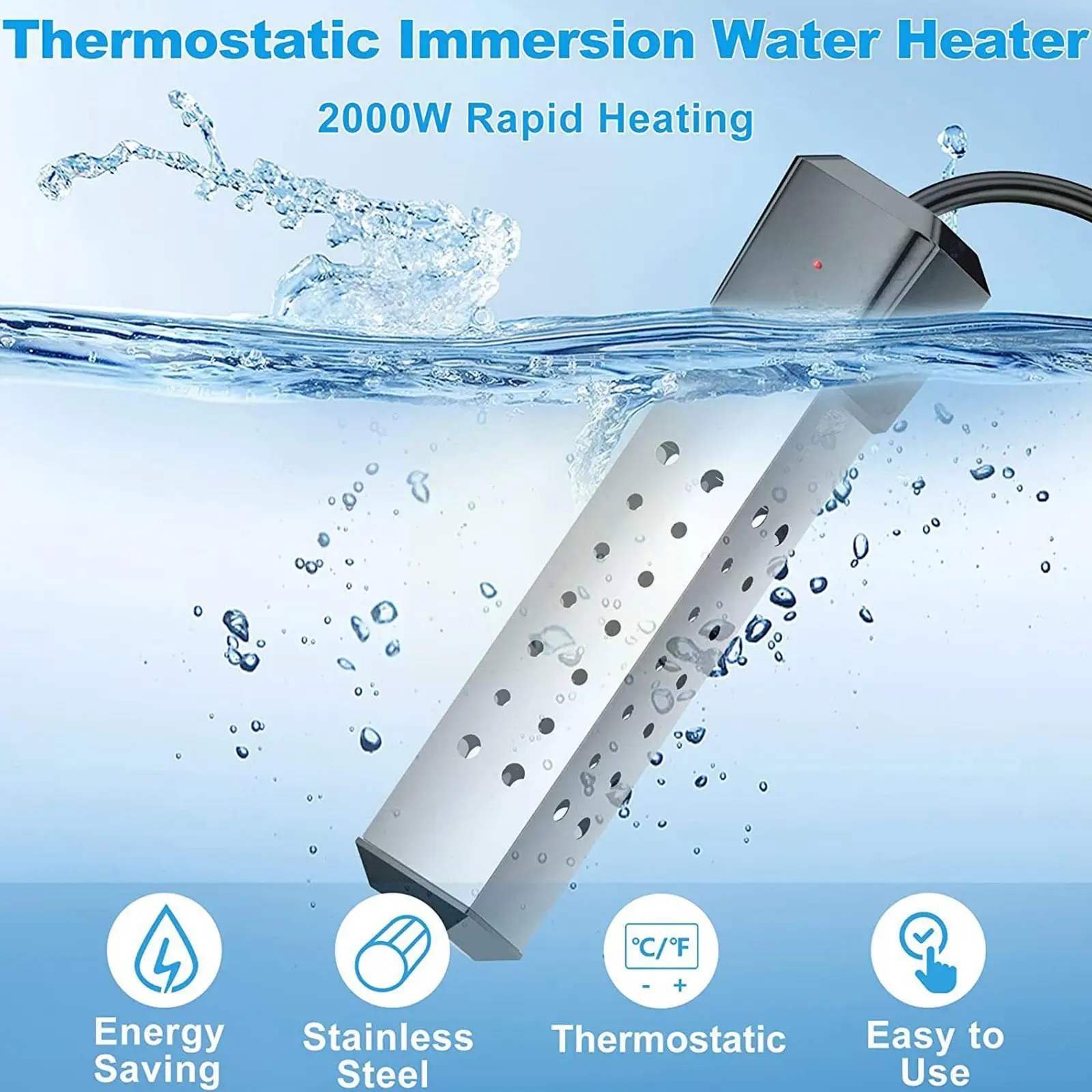 

2000w Electric Heater Boiler Immersion Water Heating Portable Elements Bathroom Swimming Suspension Pool Immersion Y3r5