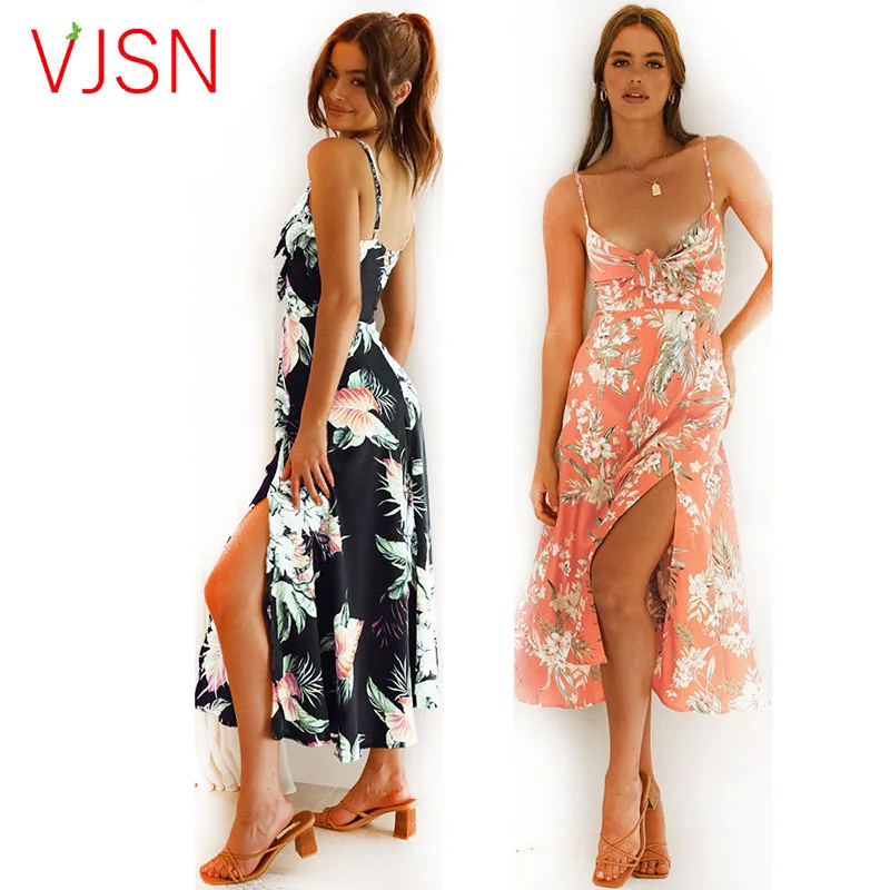 

Женское пляжное платье VJSN с цветочным принтом, платье макси в стиле бохо, женский сарафан, сексуальное платье средней длины с открытой спино...