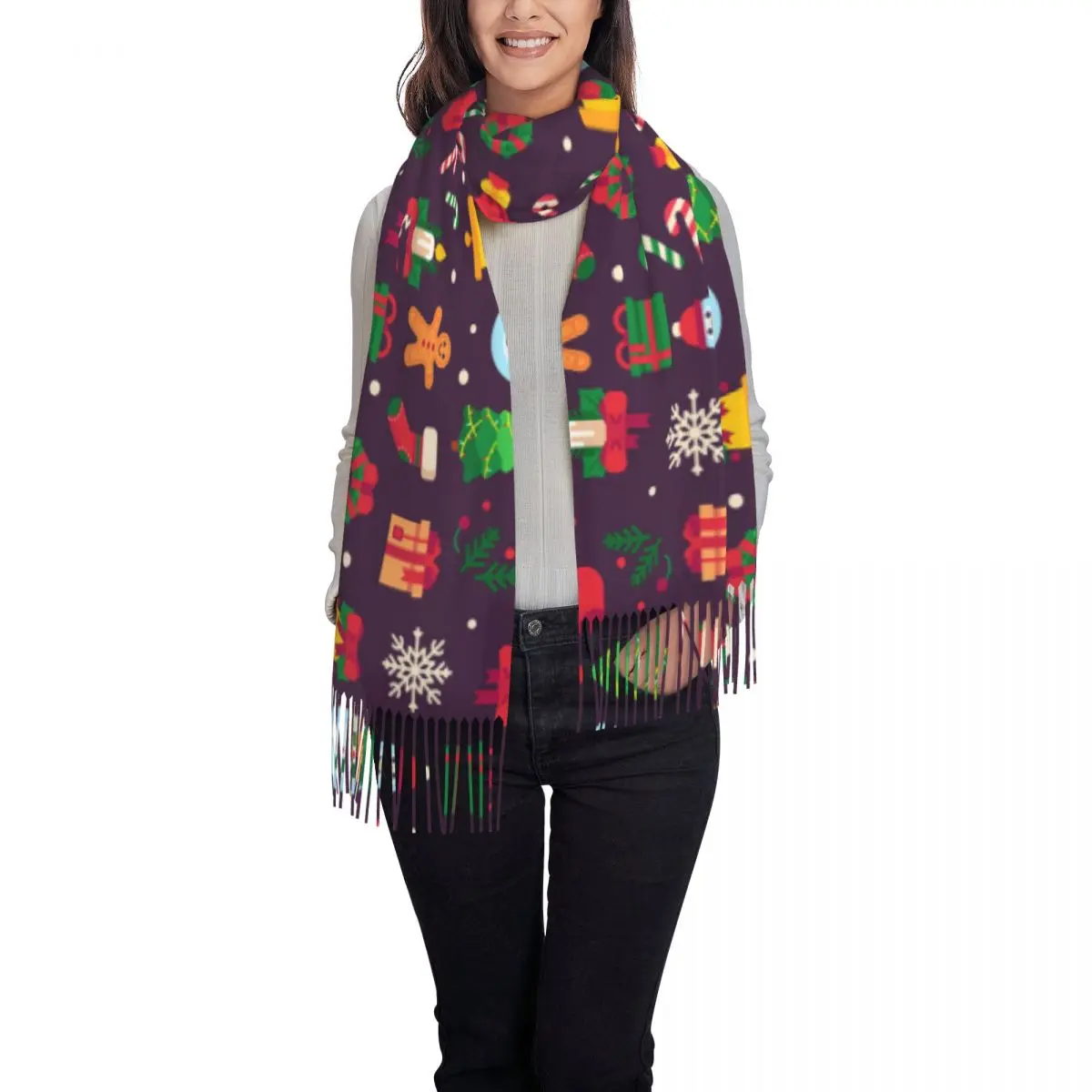 

Christmas Symbols Xmas Green Tree Gift Vector Soft Cozy Cashmere Scarf Woven Wrap Womans Warm Shawl