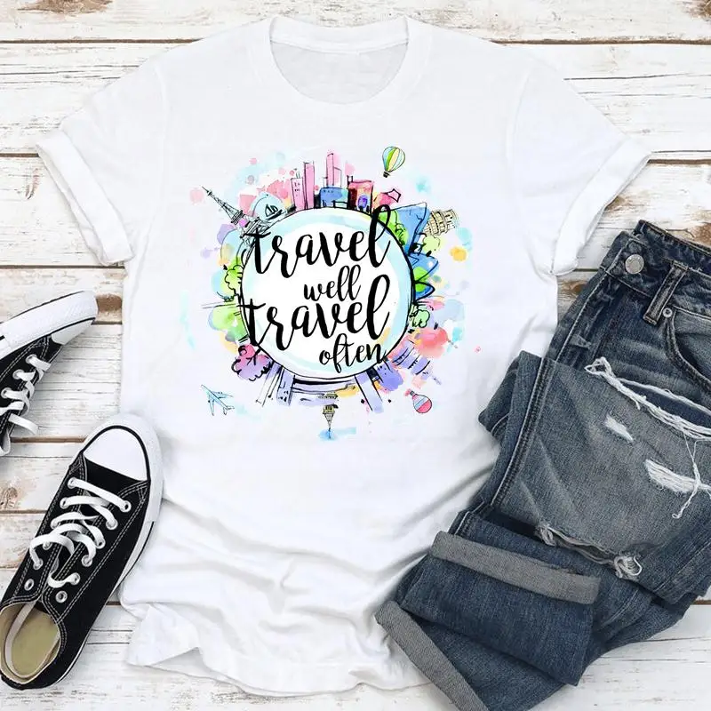 

Women Clothes Cartoon Watercolor Travel 90s Fashion Short Sleeve Clothing Summer Print Tshirt Female Tee Top Graphic T-shirt